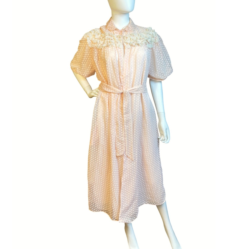 Vintage 50s Pink Sheer Flocked Robe Lace Ruffled yoke Long Nightgown